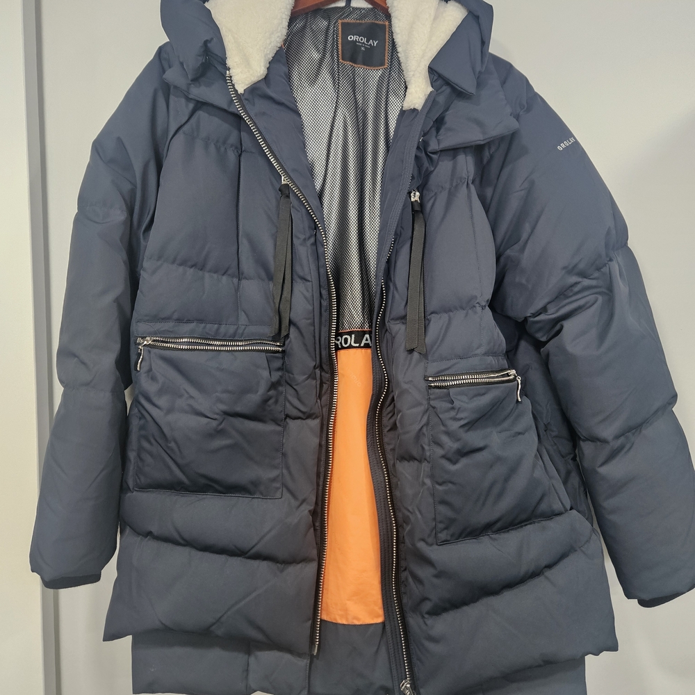 OLAY Ladies Dark Blue Puffer Coat with Orange Lining